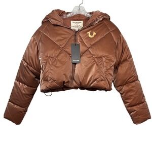 NWT TRUE RELIGION Women's High Shine Foil Hooded Puffer jacket Cropped, Bronze S